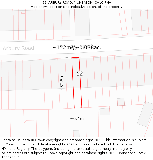 52, ARBURY ROAD, NUNEATON, CV10 7NA: Plot and title map