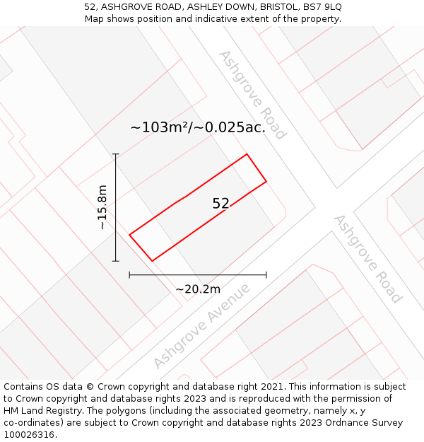 52, ASHGROVE ROAD, ASHLEY DOWN, BRISTOL, BS7 9LQ: Plot and title map