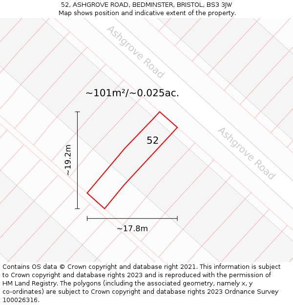 52, ASHGROVE ROAD, BEDMINSTER, BRISTOL, BS3 3JW: Plot and title map