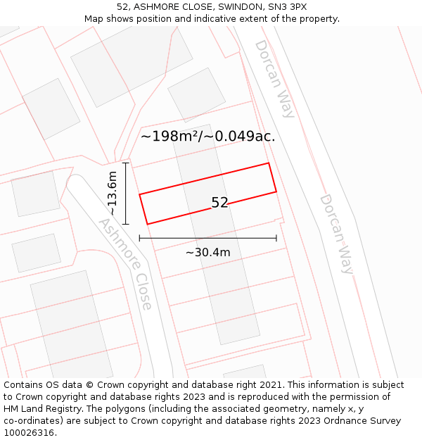 52, ASHMORE CLOSE, SWINDON, SN3 3PX: Plot and title map