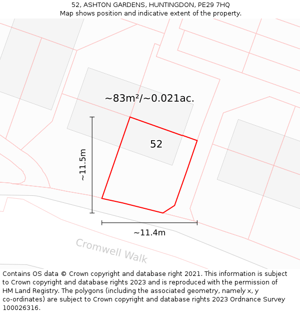 52, ASHTON GARDENS, HUNTINGDON, PE29 7HQ: Plot and title map