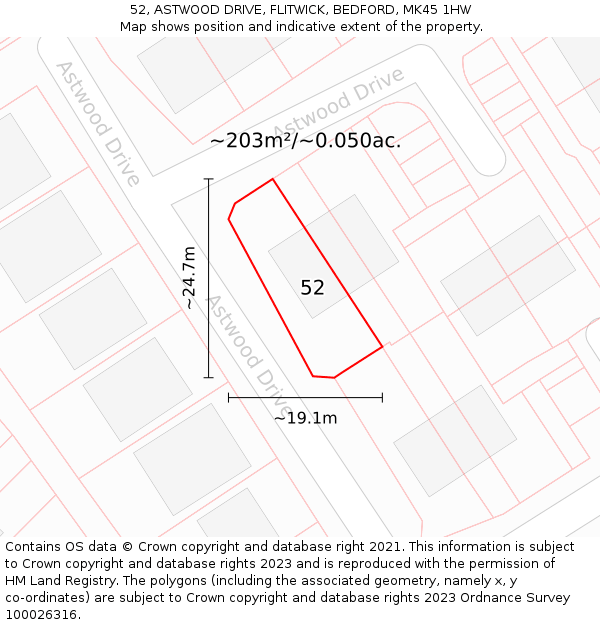 52, ASTWOOD DRIVE, FLITWICK, BEDFORD, MK45 1HW: Plot and title map