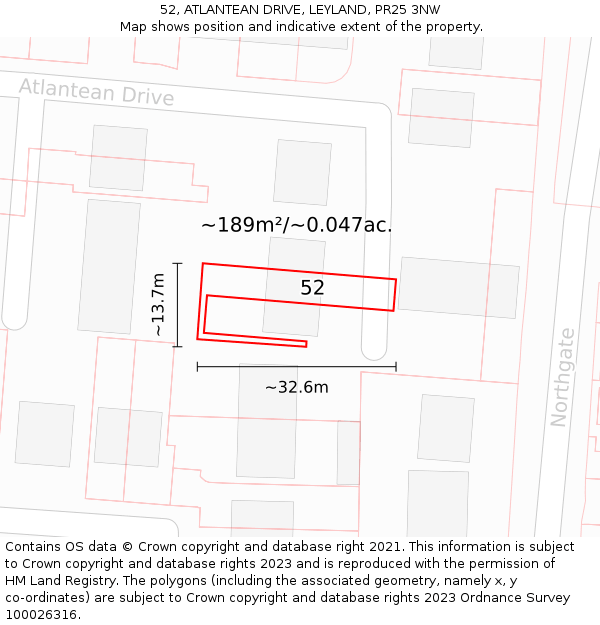 52, ATLANTEAN DRIVE, LEYLAND, PR25 3NW: Plot and title map