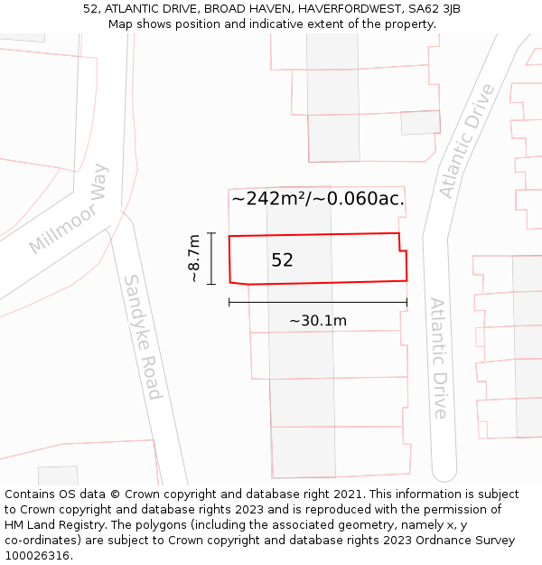 52, ATLANTIC DRIVE, BROAD HAVEN, HAVERFORDWEST, SA62 3JB: Plot and title map