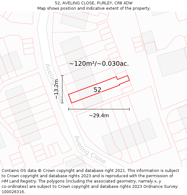 52, AVELING CLOSE, PURLEY, CR8 4DW: Plot and title map