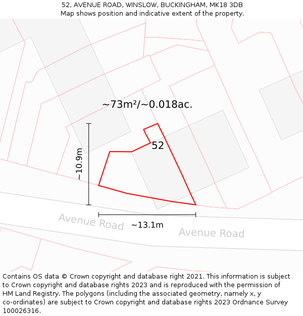 52, AVENUE ROAD, WINSLOW, BUCKINGHAM, MK18 3DB: Plot and title map