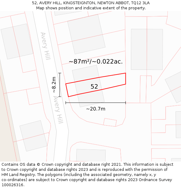52, AVERY HILL, KINGSTEIGNTON, NEWTON ABBOT, TQ12 3LA: Plot and title map
