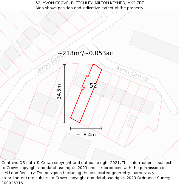 52, AVON GROVE, BLETCHLEY, MILTON KEYNES, MK3 7BT: Plot and title map
