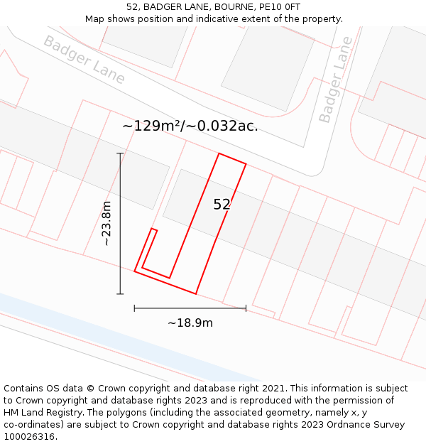 52, BADGER LANE, BOURNE, PE10 0FT: Plot and title map