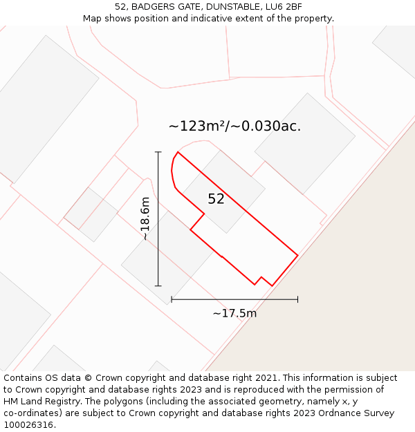 52, BADGERS GATE, DUNSTABLE, LU6 2BF: Plot and title map