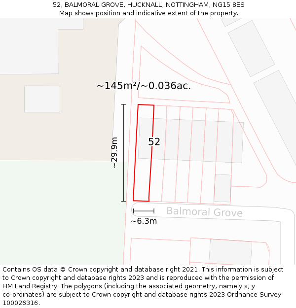 52, BALMORAL GROVE, HUCKNALL, NOTTINGHAM, NG15 8ES: Plot and title map