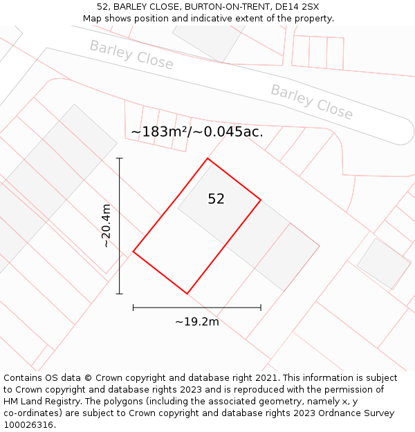 52, BARLEY CLOSE, BURTON-ON-TRENT, DE14 2SX: Plot and title map