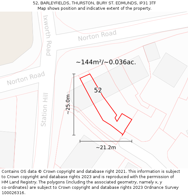 52, BARLEYFIELDS, THURSTON, BURY ST. EDMUNDS, IP31 3TF: Plot and title map