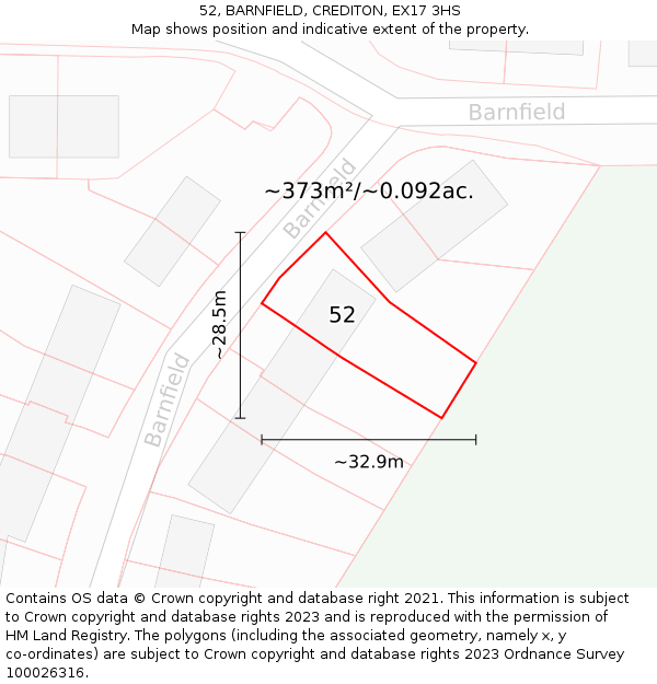 52, BARNFIELD, CREDITON, EX17 3HS: Plot and title map