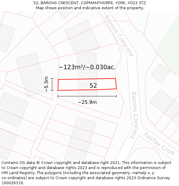 52, BARONS CRESCENT, COPMANTHORPE, YORK, YO23 3TZ: Plot and title map