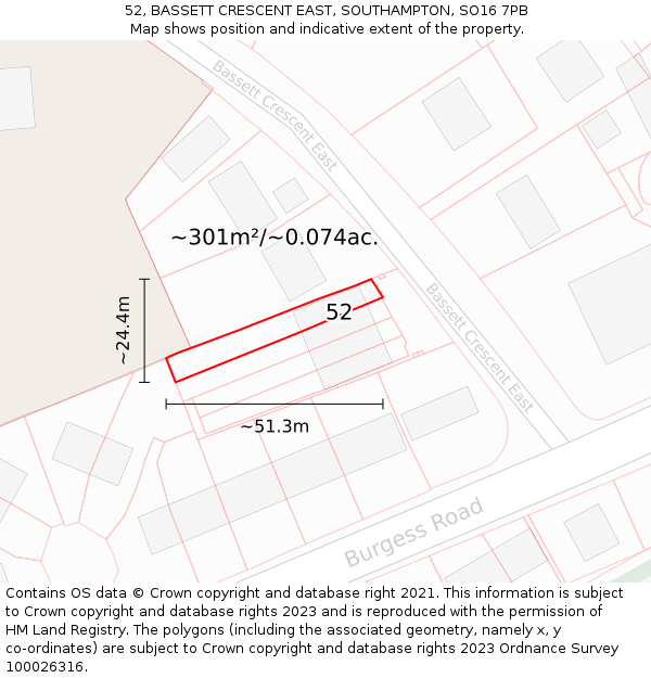 52, BASSETT CRESCENT EAST, SOUTHAMPTON, SO16 7PB: Plot and title map