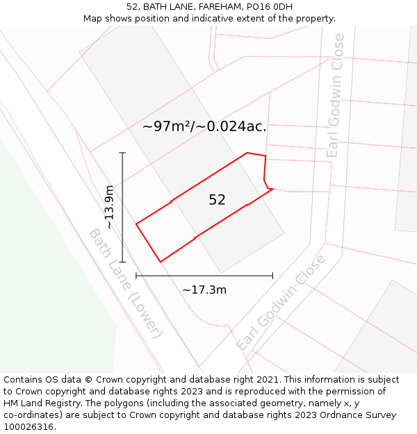 52, BATH LANE, FAREHAM, PO16 0DH: Plot and title map