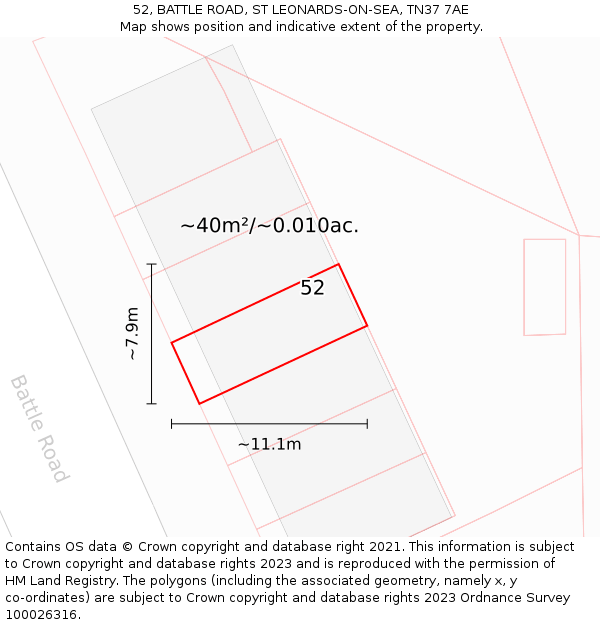 52, BATTLE ROAD, ST LEONARDS-ON-SEA, TN37 7AE: Plot and title map