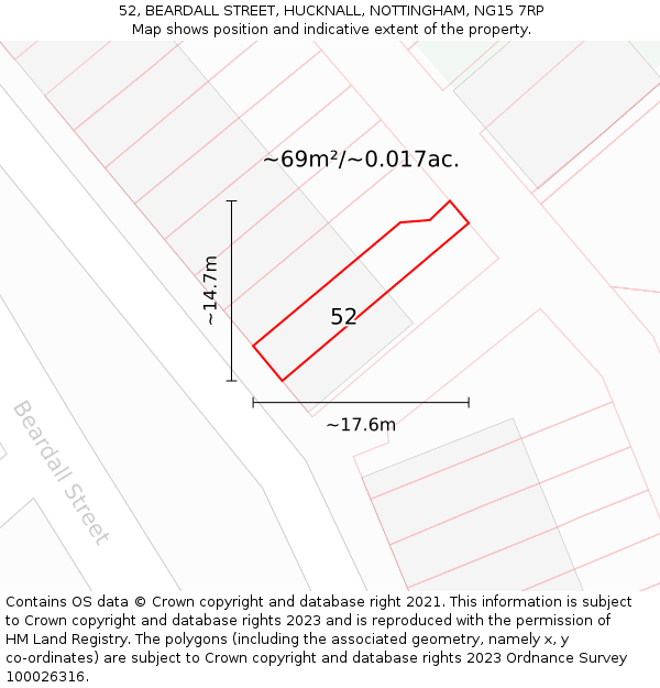 52, BEARDALL STREET, HUCKNALL, NOTTINGHAM, NG15 7RP: Plot and title map