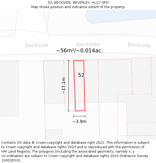 52, BECKSIDE, BEVERLEY, HU17 0PD: Plot and title map