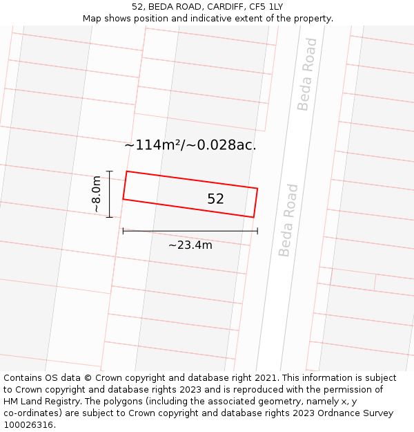 52, BEDA ROAD, CARDIFF, CF5 1LY: Plot and title map