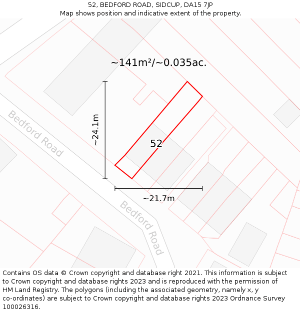 52, BEDFORD ROAD, SIDCUP, DA15 7JP: Plot and title map