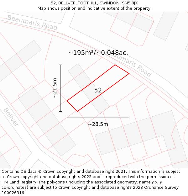 52, BELLVER, TOOTHILL, SWINDON, SN5 8JX: Plot and title map