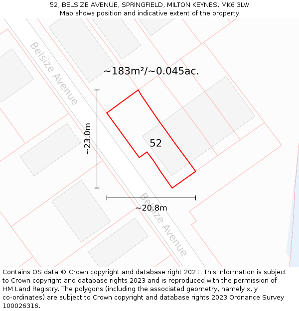 52, BELSIZE AVENUE, SPRINGFIELD, MILTON KEYNES, MK6 3LW: Plot and title map
