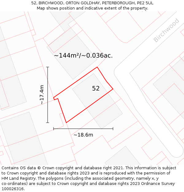 52, BIRCHWOOD, ORTON GOLDHAY, PETERBOROUGH, PE2 5UL: Plot and title map