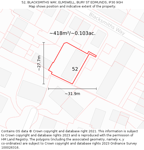 52, BLACKSMITHS WAY, ELMSWELL, BURY ST EDMUNDS, IP30 9GH: Plot and title map