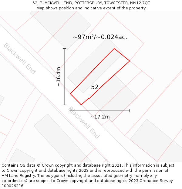 52, BLACKWELL END, POTTERSPURY, TOWCESTER, NN12 7QE: Plot and title map