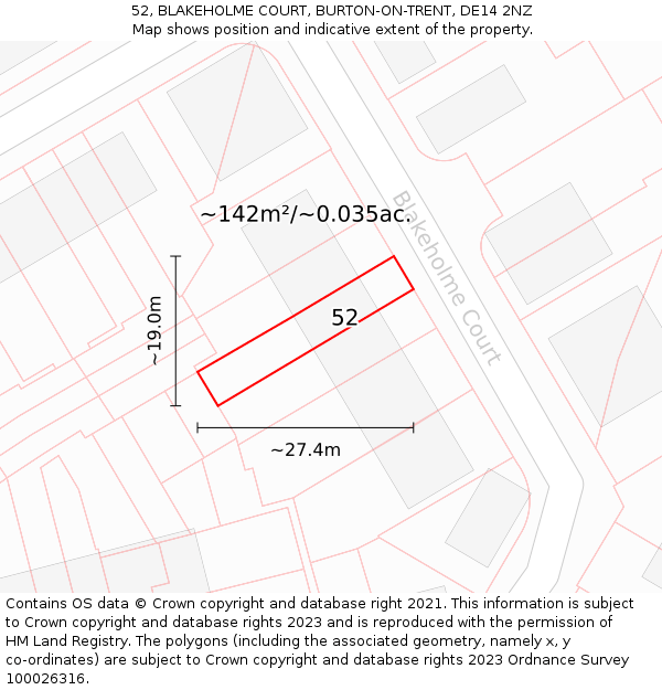 52, BLAKEHOLME COURT, BURTON-ON-TRENT, DE14 2NZ: Plot and title map