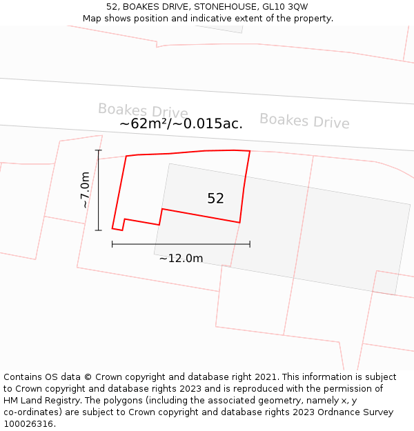 52, BOAKES DRIVE, STONEHOUSE, GL10 3QW: Plot and title map