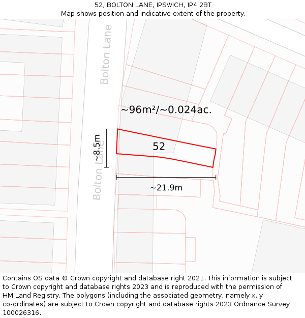 52, BOLTON LANE, IPSWICH, IP4 2BT: Plot and title map