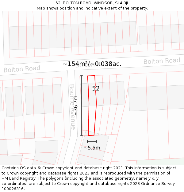 52, BOLTON ROAD, WINDSOR, SL4 3JL: Plot and title map
