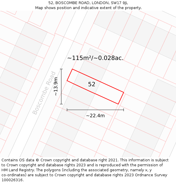 52, BOSCOMBE ROAD, LONDON, SW17 9JL: Plot and title map