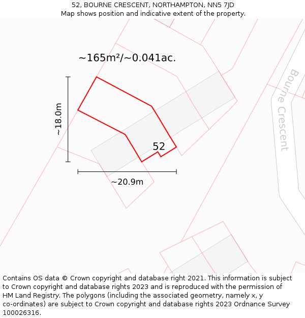 52, BOURNE CRESCENT, NORTHAMPTON, NN5 7JD: Plot and title map