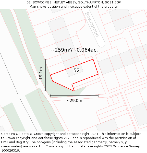 52, BOWCOMBE, NETLEY ABBEY, SOUTHAMPTON, SO31 5GP: Plot and title map
