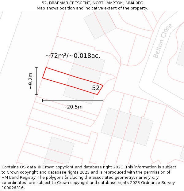 52, BRAEMAR CRESCENT, NORTHAMPTON, NN4 0FG: Plot and title map