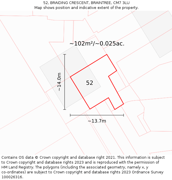 52, BRAIDING CRESCENT, BRAINTREE, CM7 3LU: Plot and title map