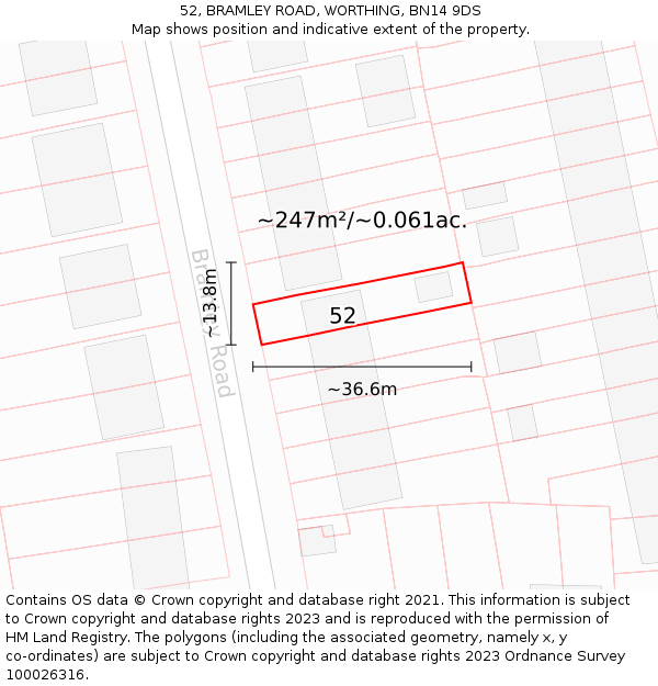 52, BRAMLEY ROAD, WORTHING, BN14 9DS: Plot and title map