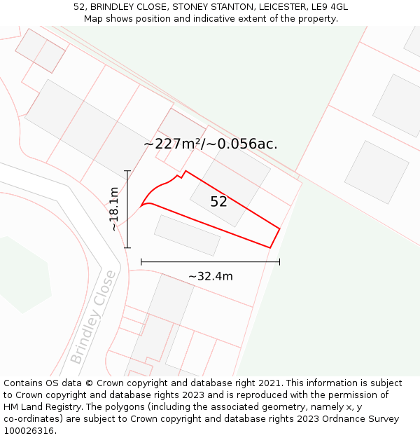 52, BRINDLEY CLOSE, STONEY STANTON, LEICESTER, LE9 4GL: Plot and title map