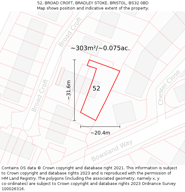52, BROAD CROFT, BRADLEY STOKE, BRISTOL, BS32 0BD: Plot and title map