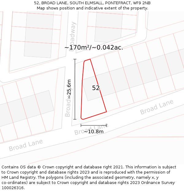 52, BROAD LANE, SOUTH ELMSALL, PONTEFRACT, WF9 2NB: Plot and title map
