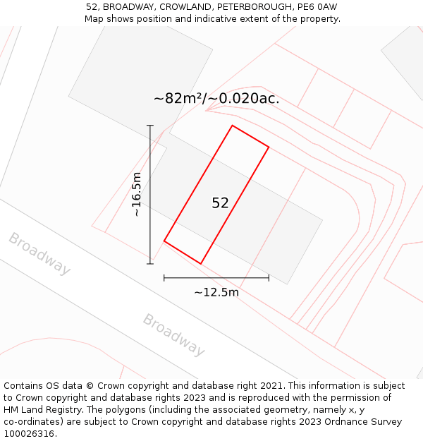 52, BROADWAY, CROWLAND, PETERBOROUGH, PE6 0AW: Plot and title map
