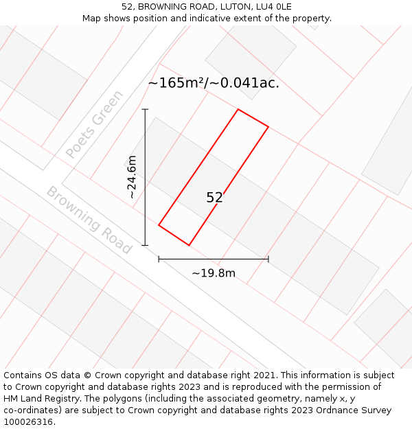 52, BROWNING ROAD, LUTON, LU4 0LE: Plot and title map