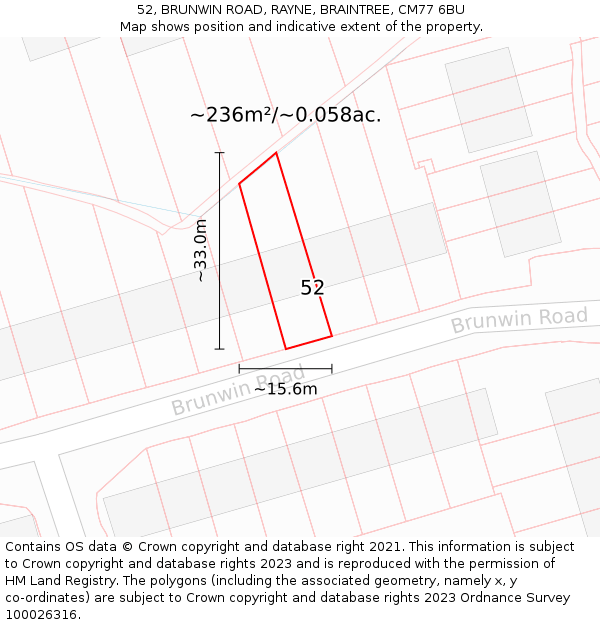 52, BRUNWIN ROAD, RAYNE, BRAINTREE, CM77 6BU: Plot and title map