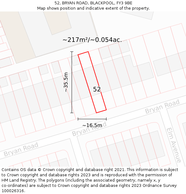 52, BRYAN ROAD, BLACKPOOL, FY3 9BE: Plot and title map