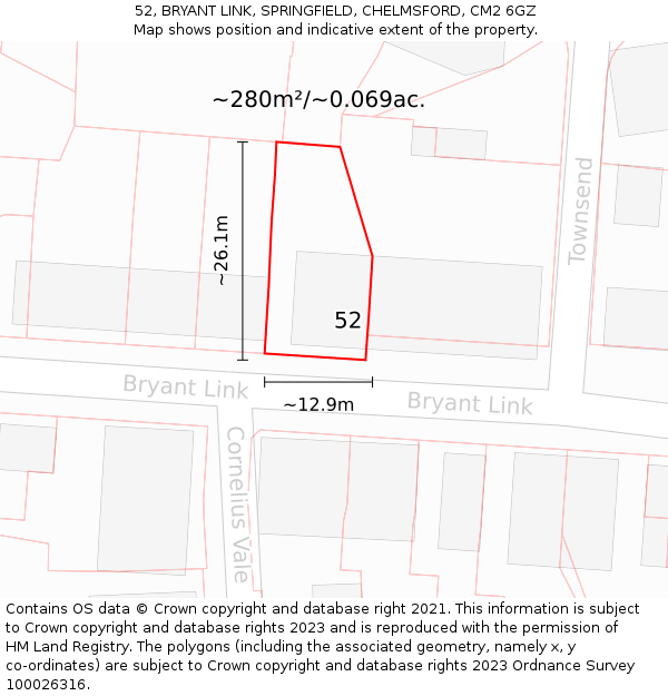52, BRYANT LINK, SPRINGFIELD, CHELMSFORD, CM2 6GZ: Plot and title map