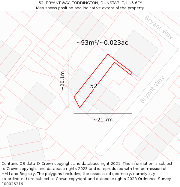 52, BRYANT WAY, TODDINGTON, DUNSTABLE, LU5 6EY: Plot and title map